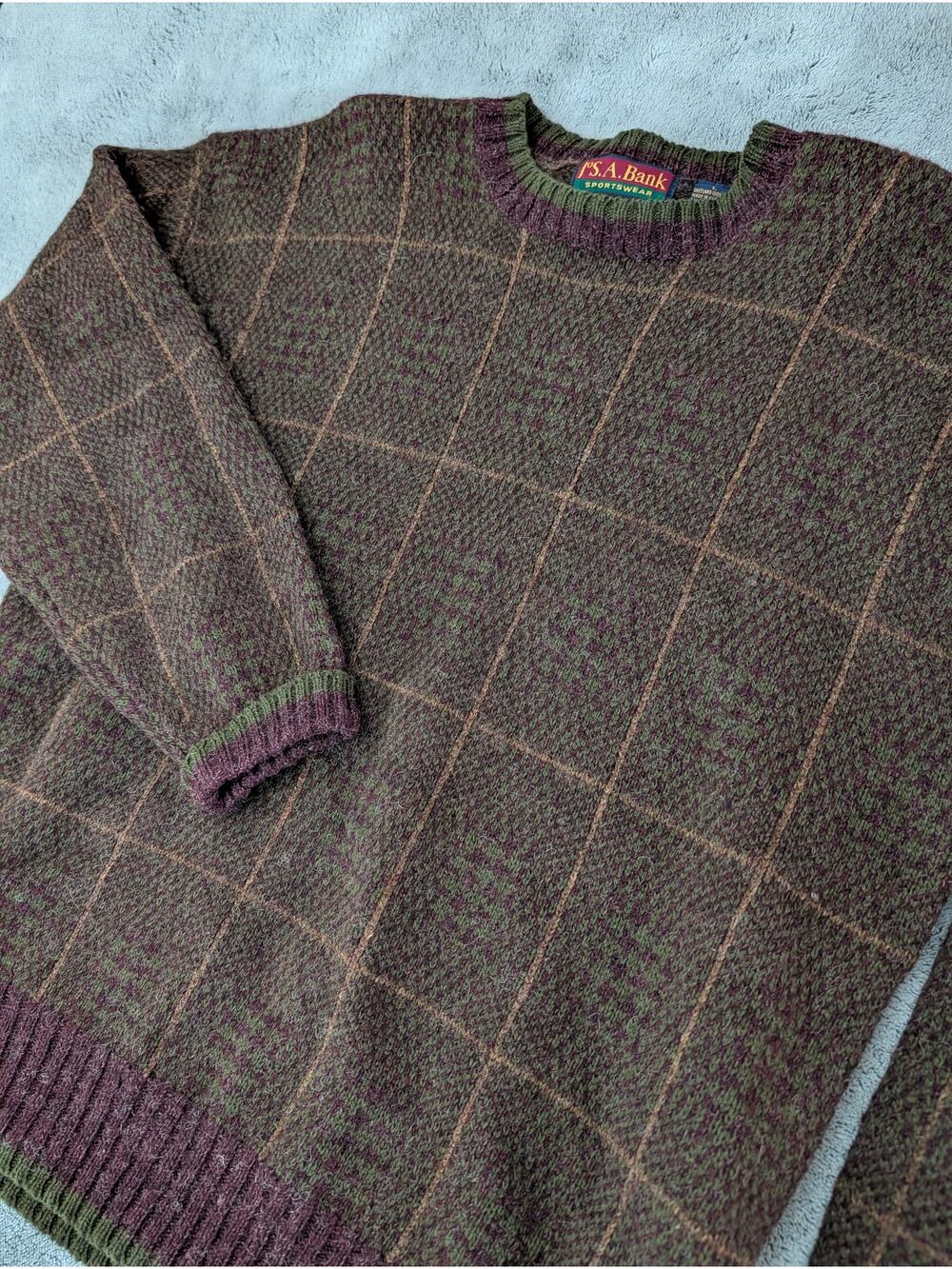 Vintage 80s/90s JoS. A. Bank Shetland Wool Grid Knit Sweater - Men's L
